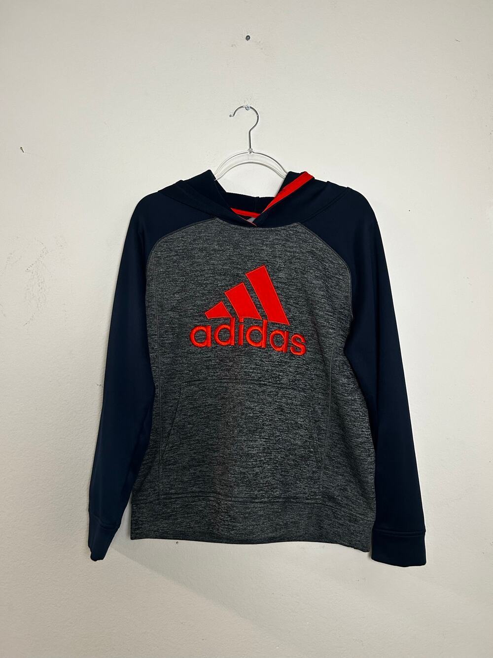 Adidas Boys XL 18/20 Hoodie Navy Blue Grey Red Logo Fleece Sweatshirt